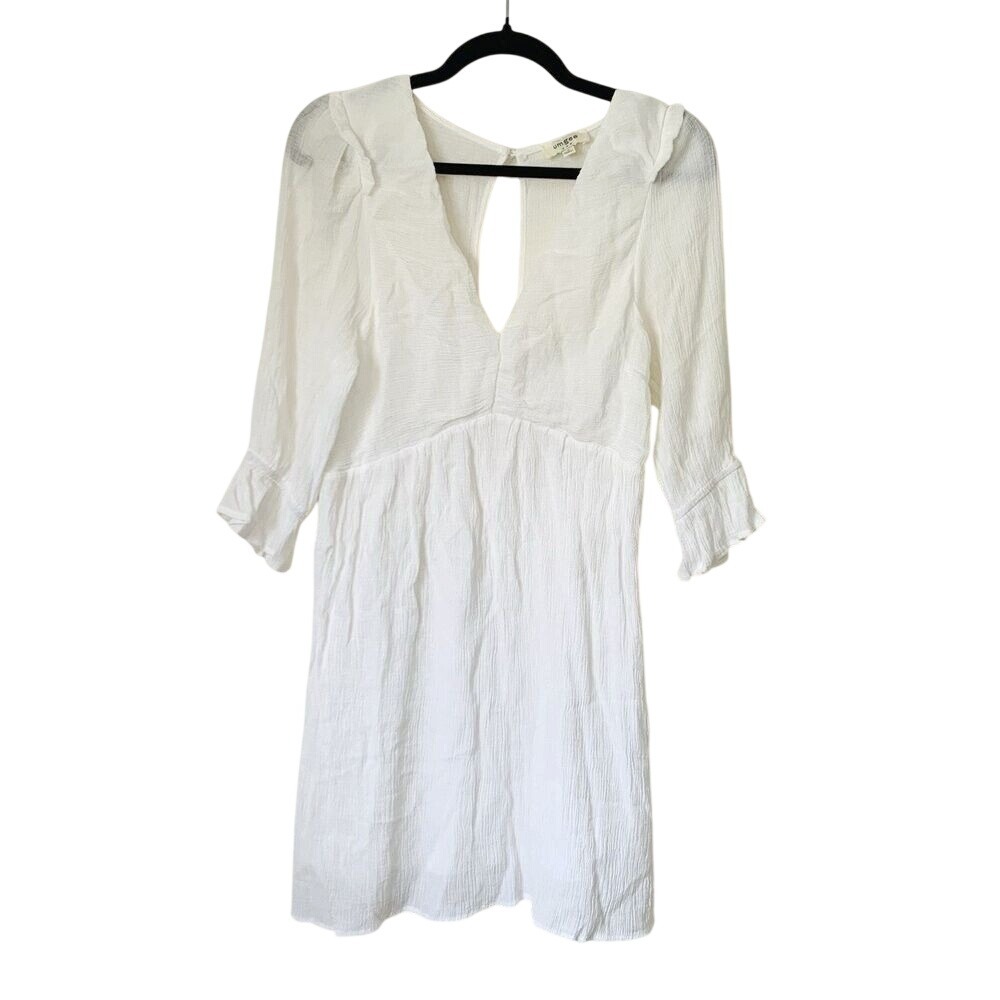 Umgee Mini Dress Womens S White Crinkle V-Neck Open Back Coastal Boho Resort